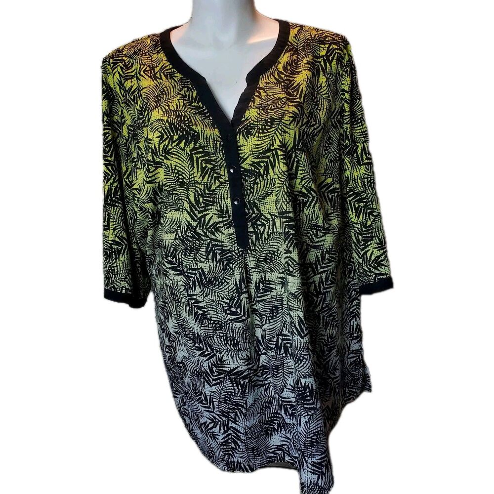 Catherines Yellow & White Palm Leaves Print Tunic Blouse Women's Size 2X